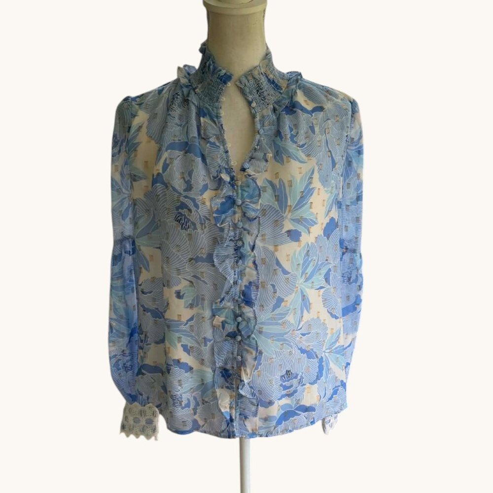 FATE Blue and White Floral Long Sleeve Blouse NWT